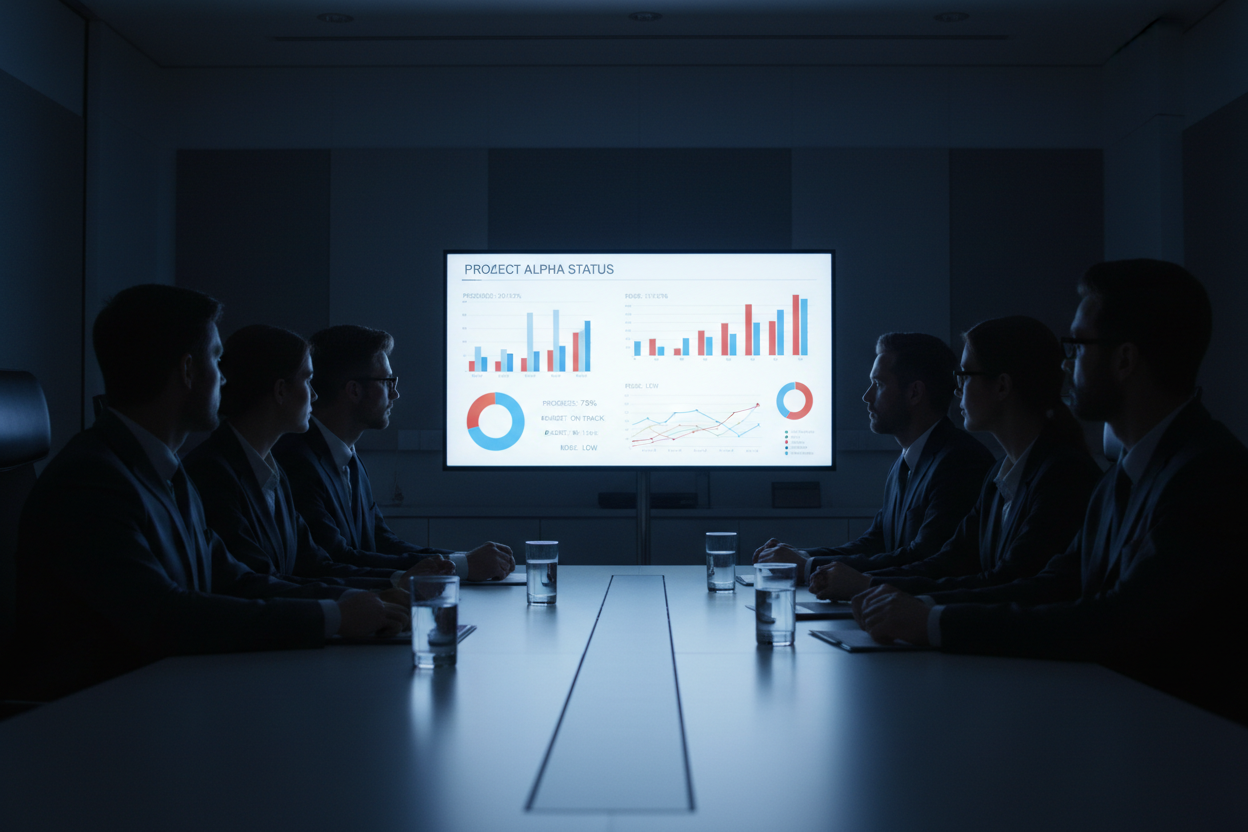 A team looking at a project status image on a screen
